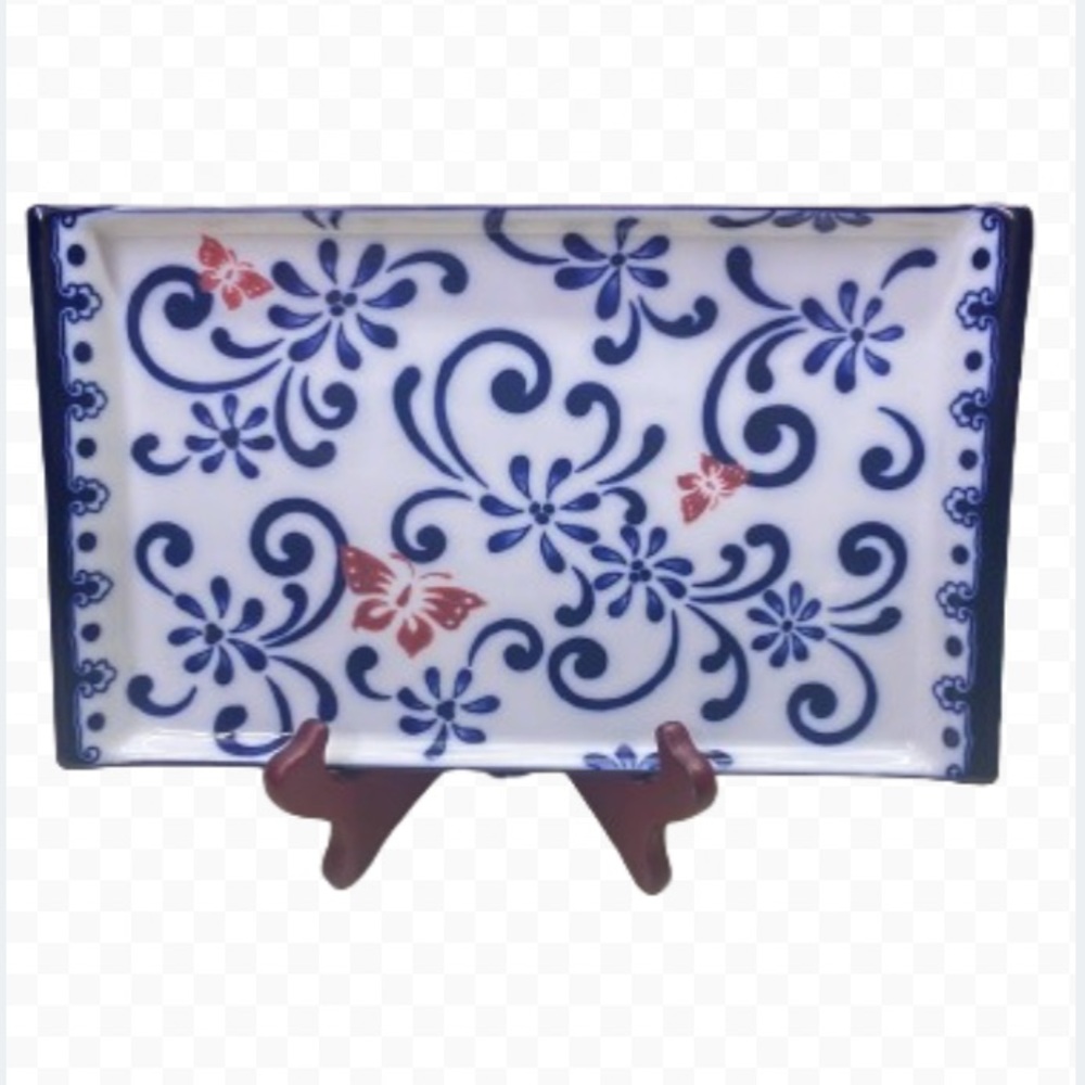 Pier 1 Butterfly Blossom Hand Painted Glass Porcelain Serving Tray Platter